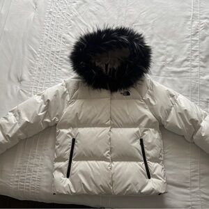 The North Face Women's White Puffer Jacket with Black Fur-Trim Hood